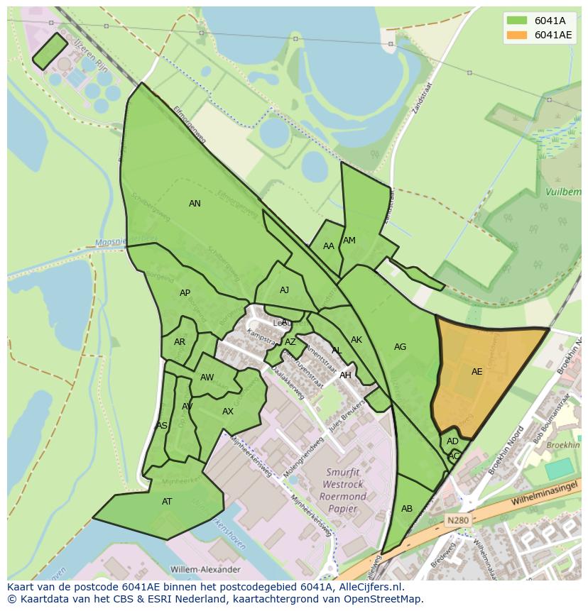 Afbeelding van het postcodegebied 6041 AE op de kaart.