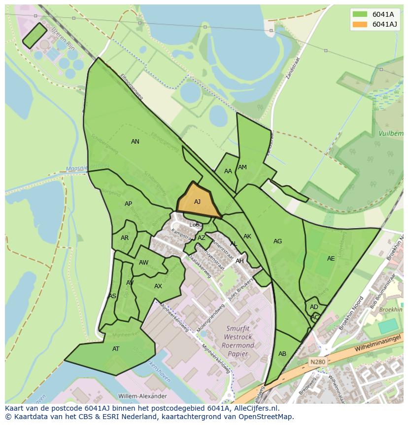 Afbeelding van het postcodegebied 6041 AJ op de kaart.