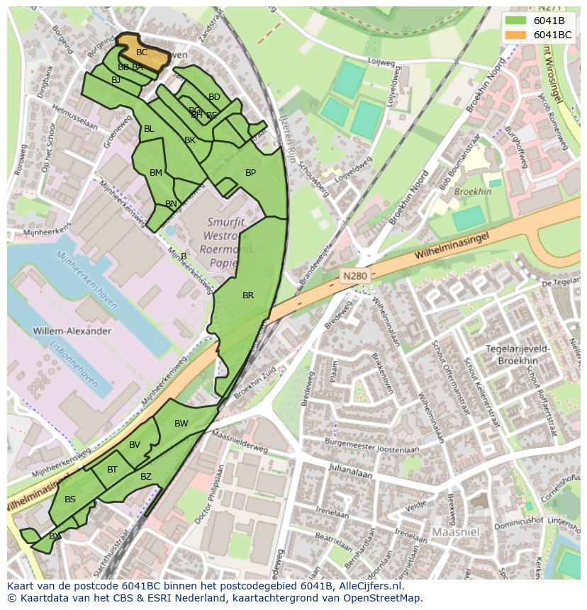 Afbeelding van het postcodegebied 6041 BC op de kaart.