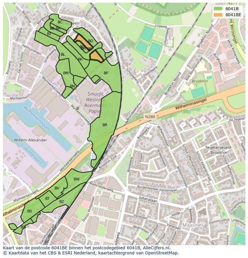 Afbeelding van het postcodegebied 6041 BE op de kaart.