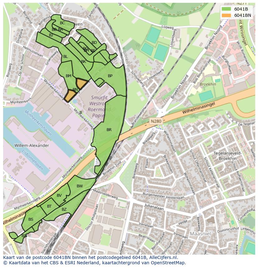Afbeelding van het postcodegebied 6041 BN op de kaart.