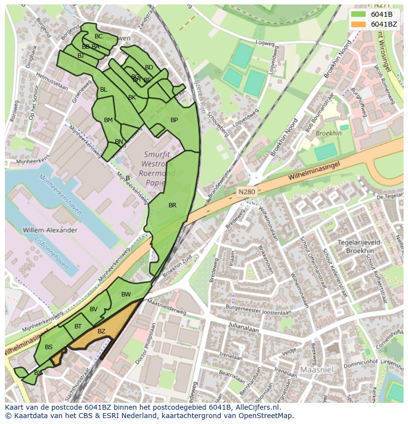 Afbeelding van het postcodegebied 6041 BZ op de kaart.