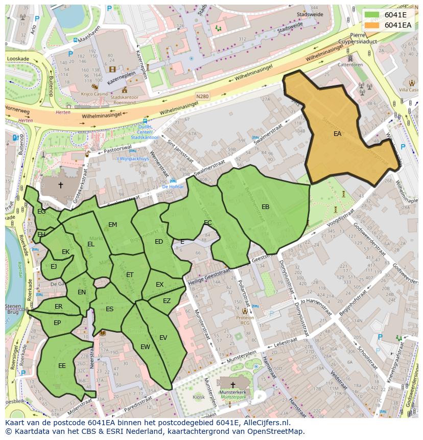 Afbeelding van het postcodegebied 6041 EA op de kaart.