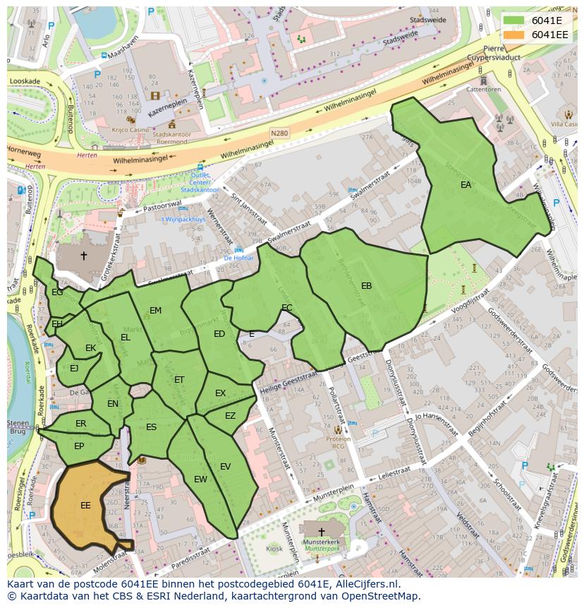 Afbeelding van het postcodegebied 6041 EE op de kaart.