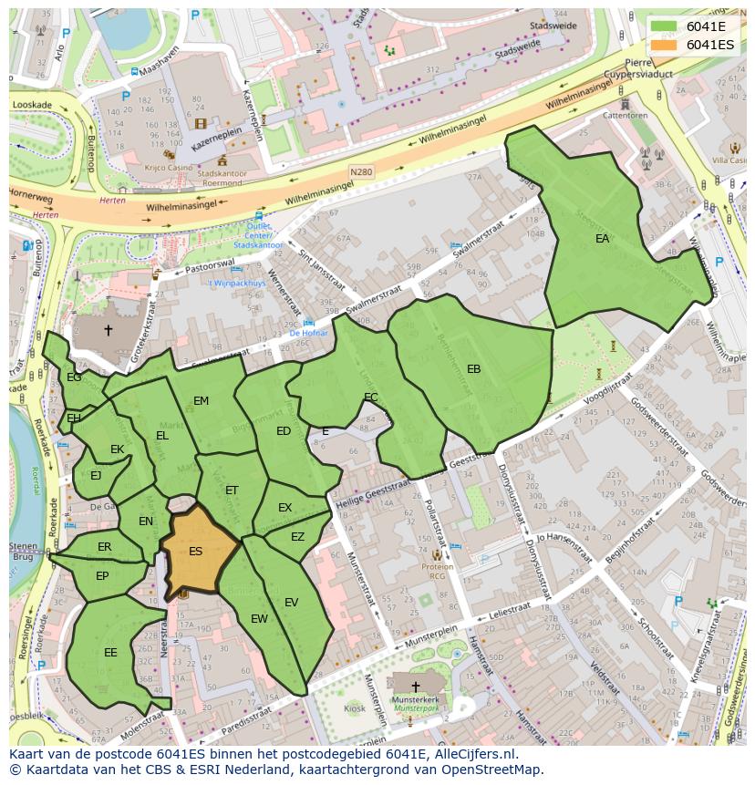 Afbeelding van het postcodegebied 6041 ES op de kaart.