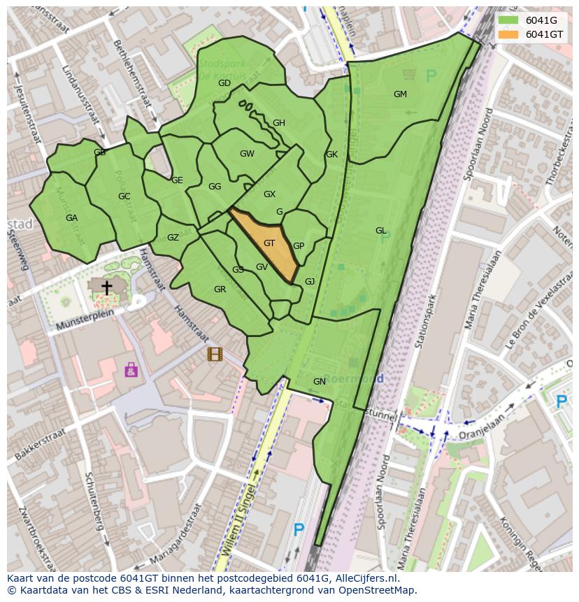 Afbeelding van het postcodegebied 6041 GT op de kaart.