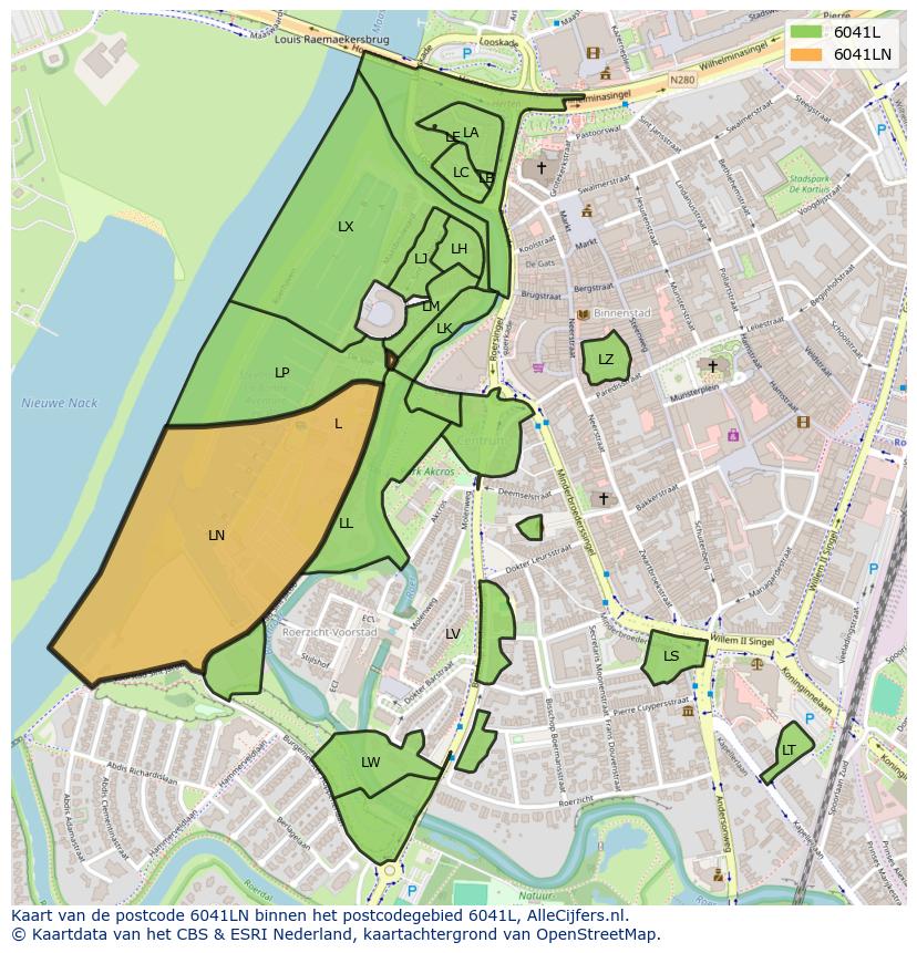 Afbeelding van het postcodegebied 6041 LN op de kaart.