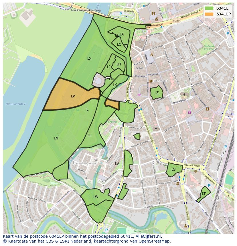 Afbeelding van het postcodegebied 6041 LP op de kaart.