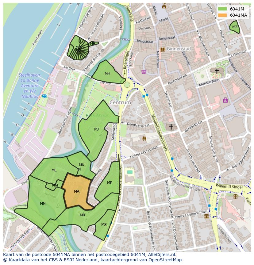 Afbeelding van het postcodegebied 6041 MA op de kaart.