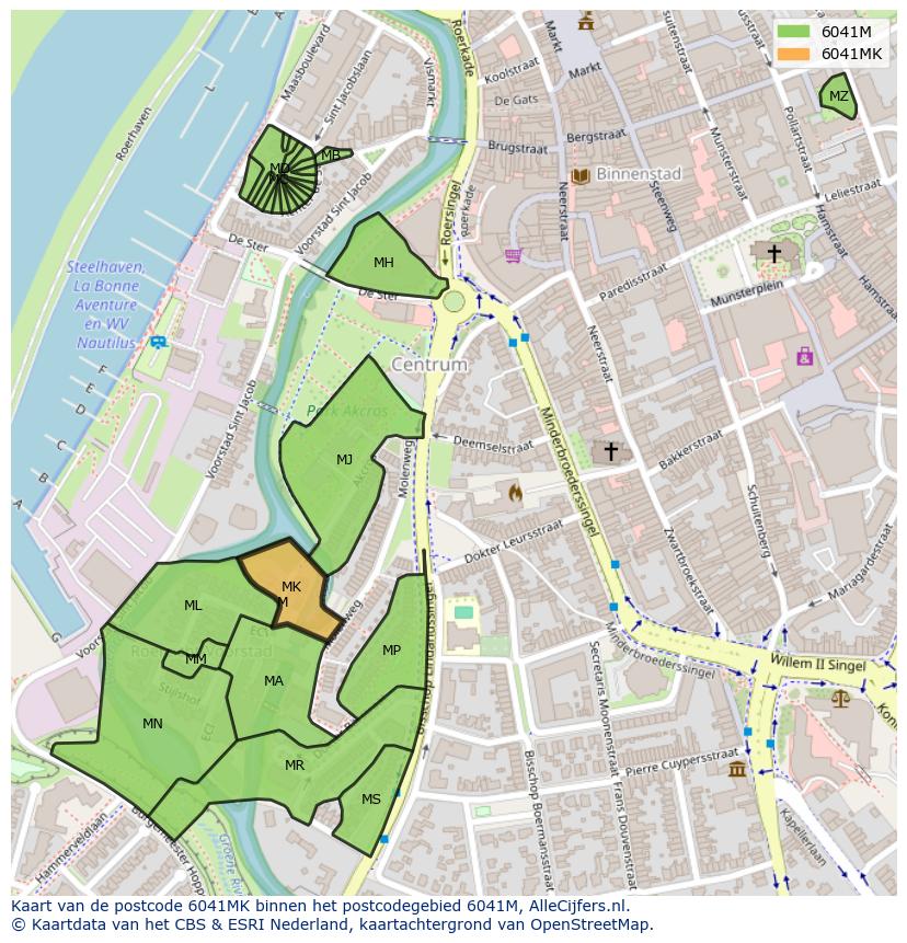 Afbeelding van het postcodegebied 6041 MK op de kaart.