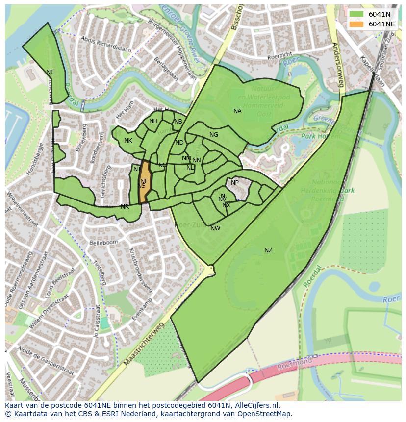 Afbeelding van het postcodegebied 6041 NE op de kaart.