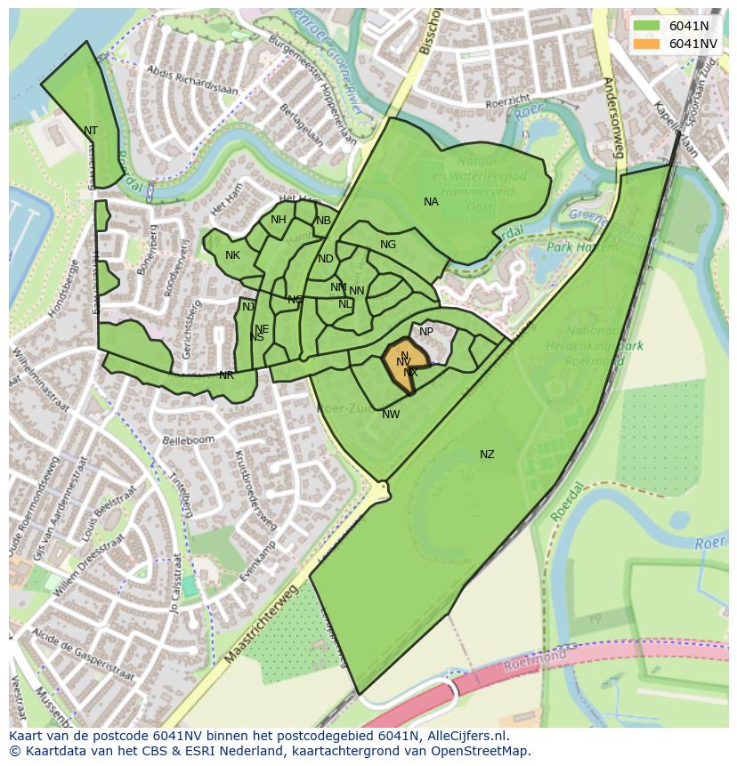 Afbeelding van het postcodegebied 6041 NV op de kaart.
