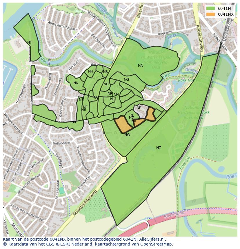 Afbeelding van het postcodegebied 6041 NX op de kaart.