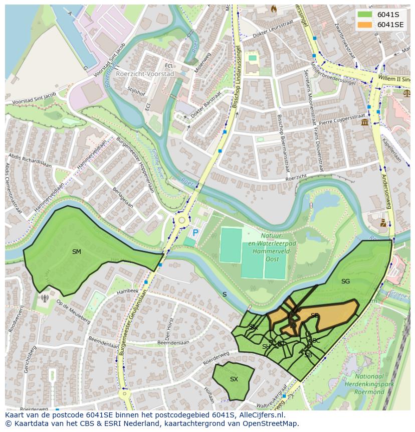 Afbeelding van het postcodegebied 6041 SE op de kaart.