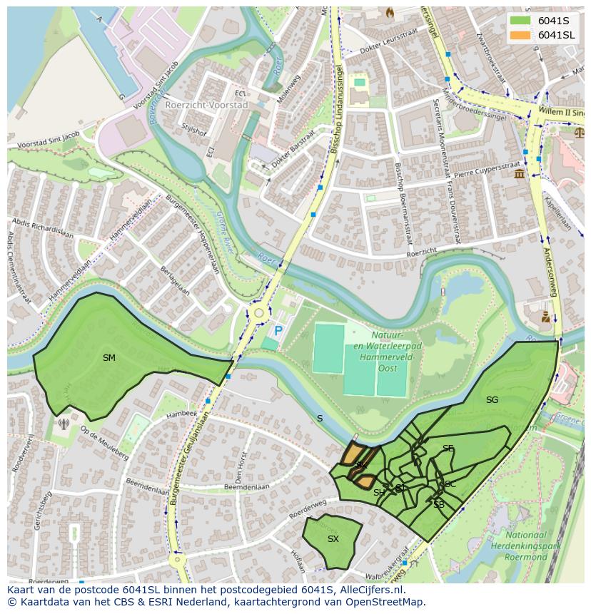 Afbeelding van het postcodegebied 6041 SL op de kaart.