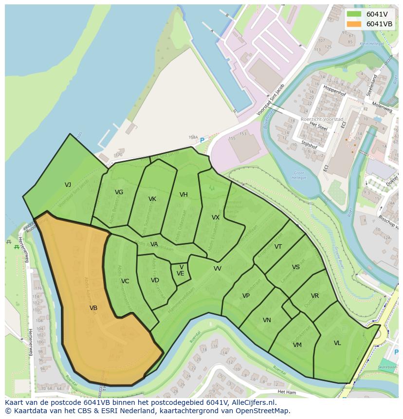 Afbeelding van het postcodegebied 6041 VB op de kaart.