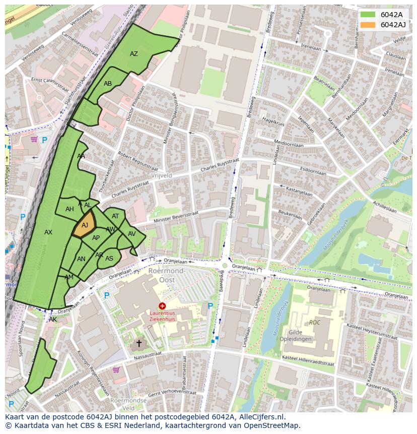 Afbeelding van het postcodegebied 6042 AJ op de kaart.