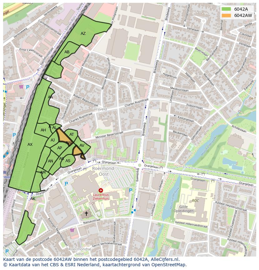 Afbeelding van het postcodegebied 6042 AW op de kaart.