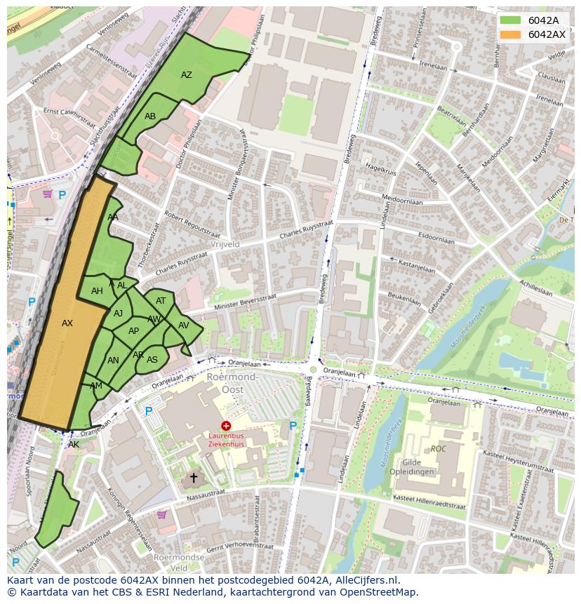 Afbeelding van het postcodegebied 6042 AX op de kaart.