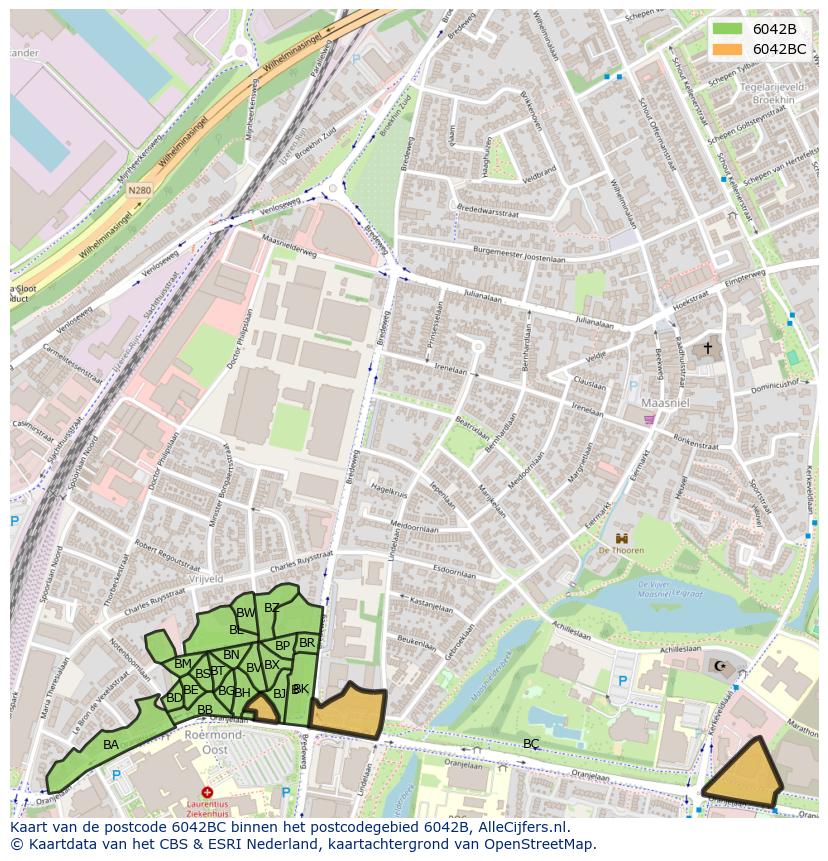 Afbeelding van het postcodegebied 6042 BC op de kaart.