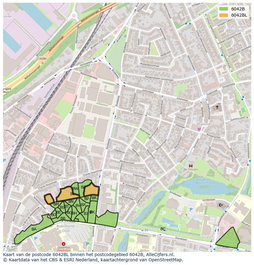 Afbeelding van het postcodegebied 6042 BL op de kaart.