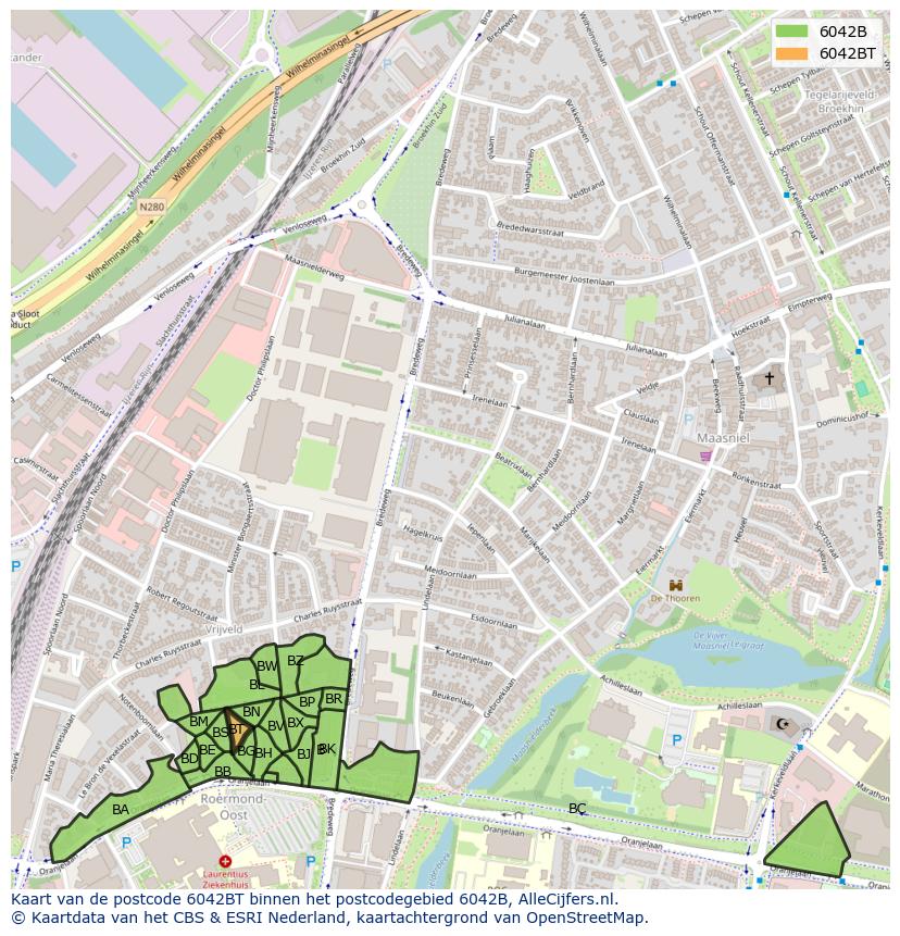 Afbeelding van het postcodegebied 6042 BT op de kaart.