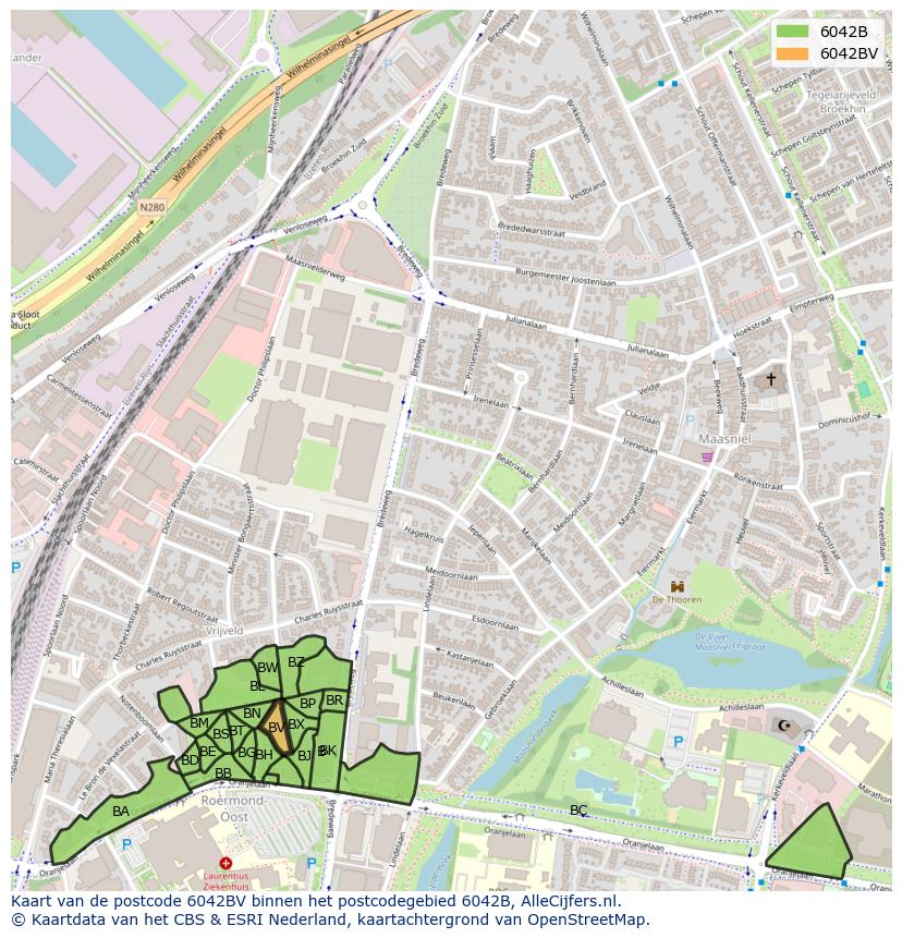 Afbeelding van het postcodegebied 6042 BV op de kaart.