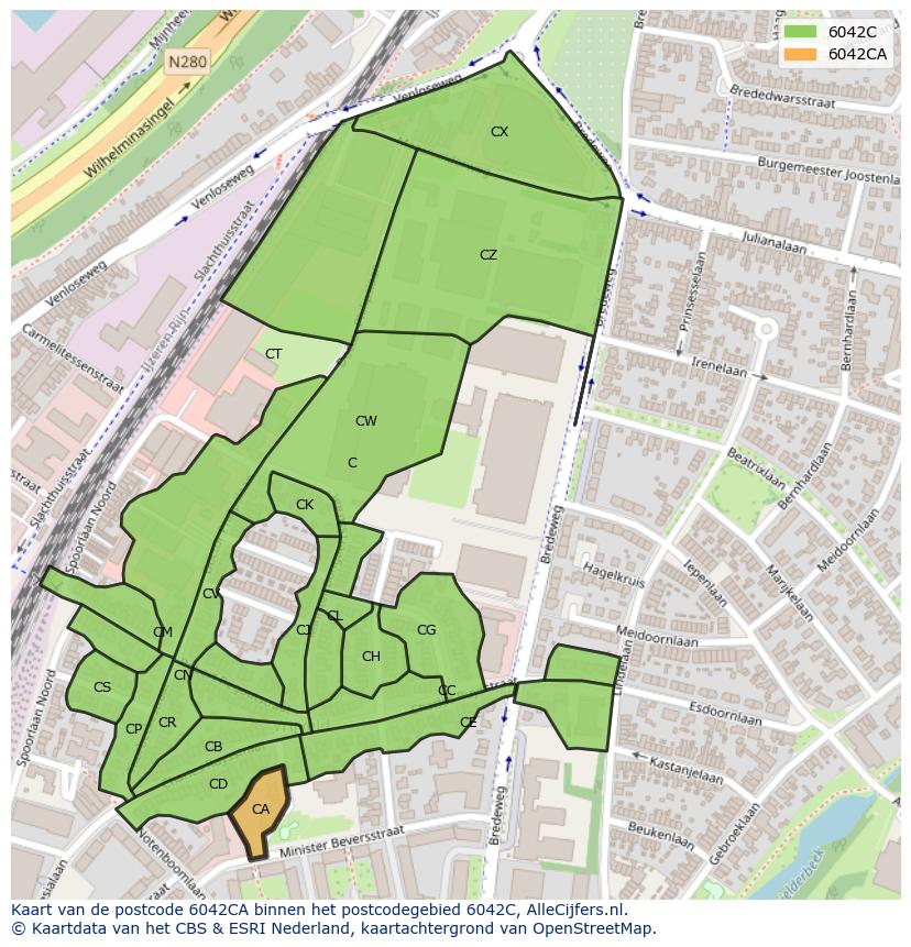 Afbeelding van het postcodegebied 6042 CA op de kaart.