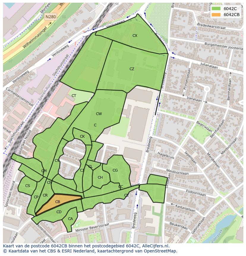 Afbeelding van het postcodegebied 6042 CB op de kaart.