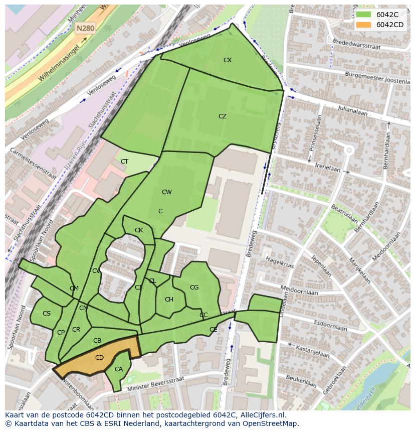 Afbeelding van het postcodegebied 6042 CD op de kaart.