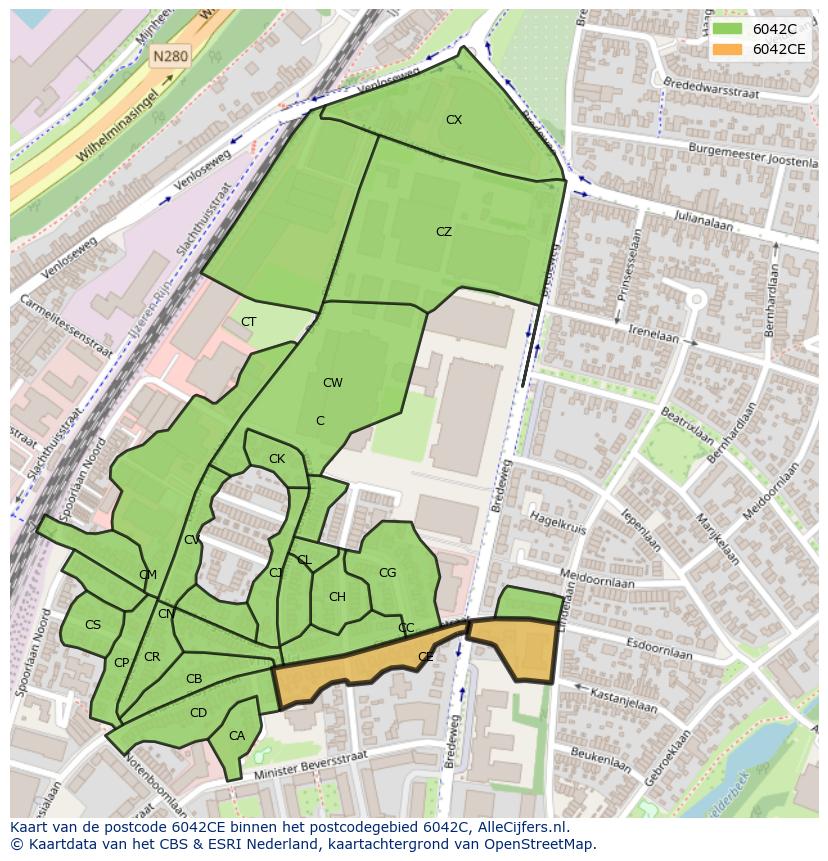 Afbeelding van het postcodegebied 6042 CE op de kaart.