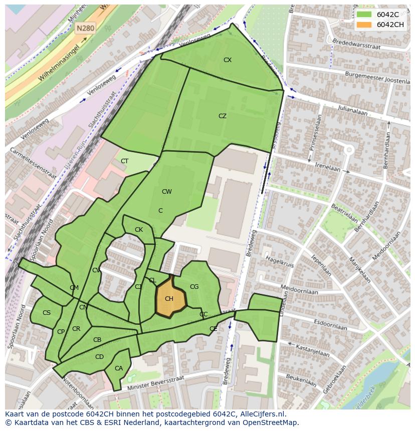 Afbeelding van het postcodegebied 6042 CH op de kaart.