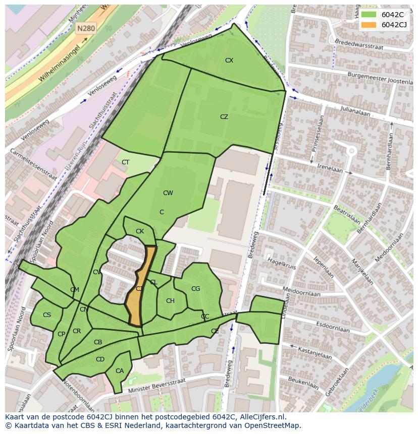 Afbeelding van het postcodegebied 6042 CJ op de kaart.