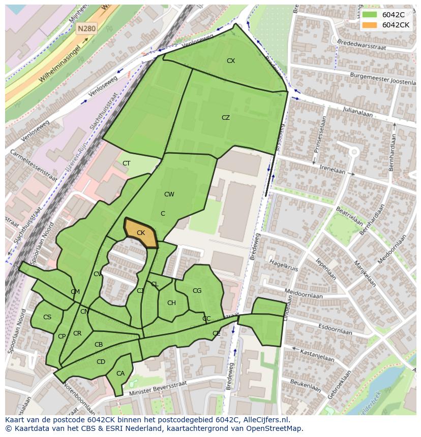 Afbeelding van het postcodegebied 6042 CK op de kaart.