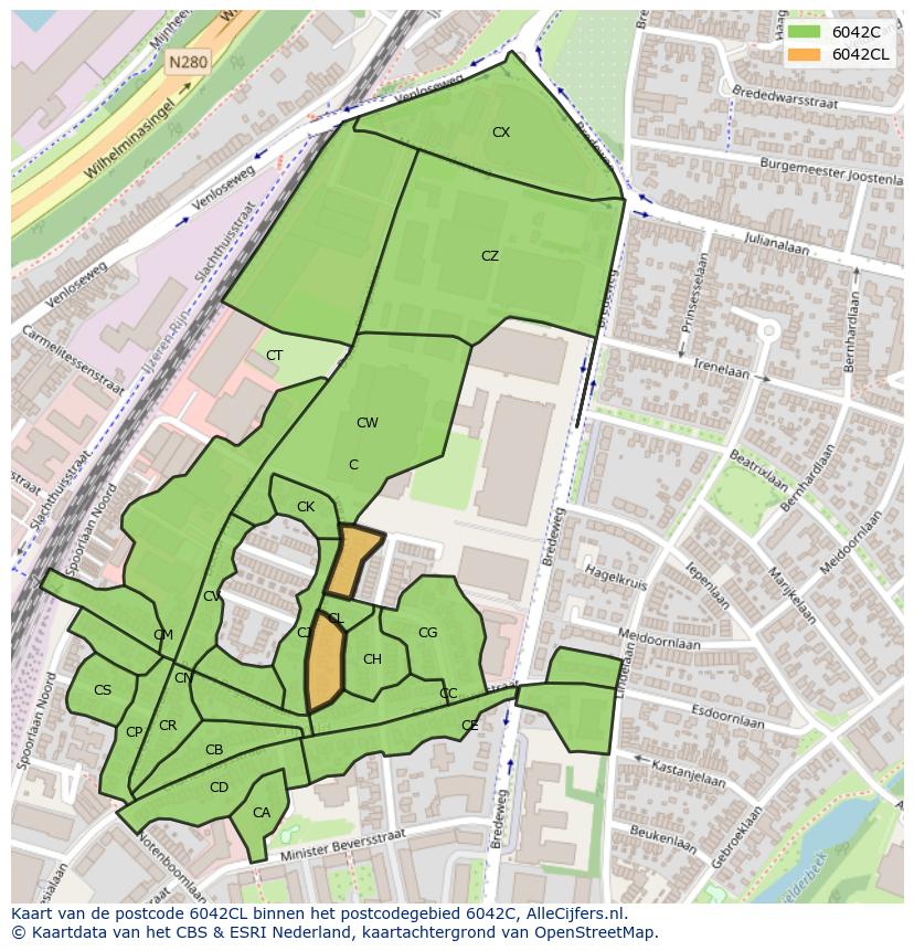 Afbeelding van het postcodegebied 6042 CL op de kaart.