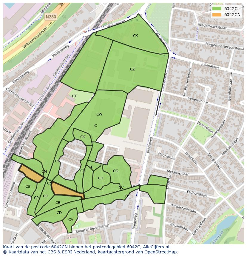 Afbeelding van het postcodegebied 6042 CN op de kaart.