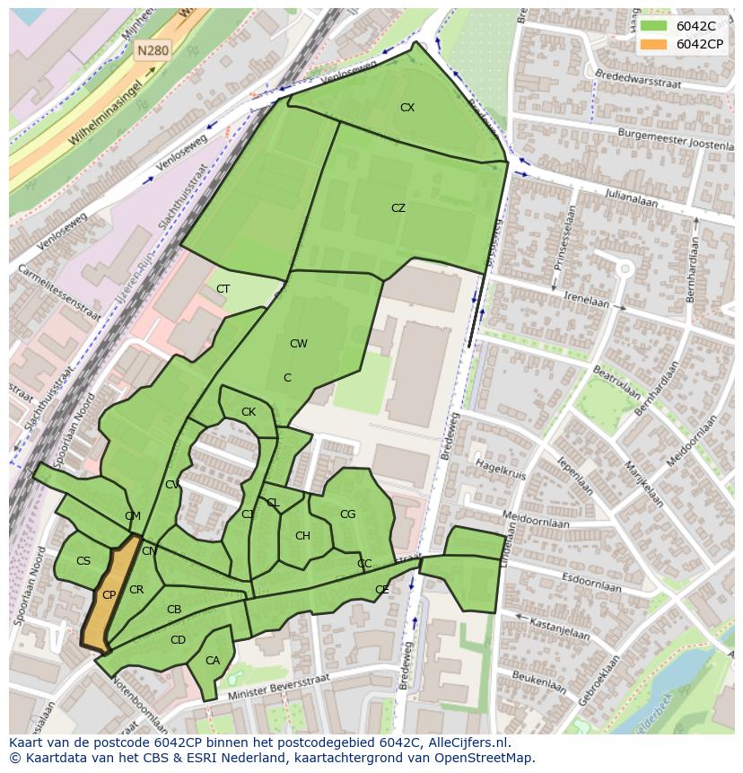 Afbeelding van het postcodegebied 6042 CP op de kaart.