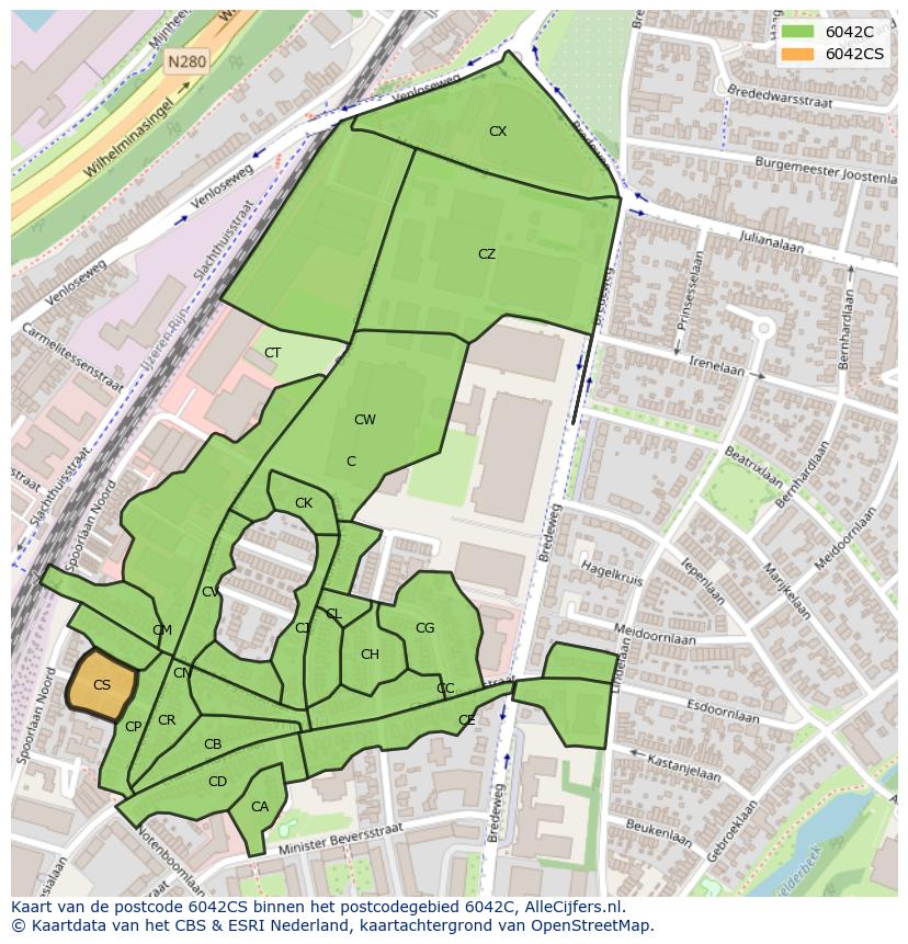 Afbeelding van het postcodegebied 6042 CS op de kaart.