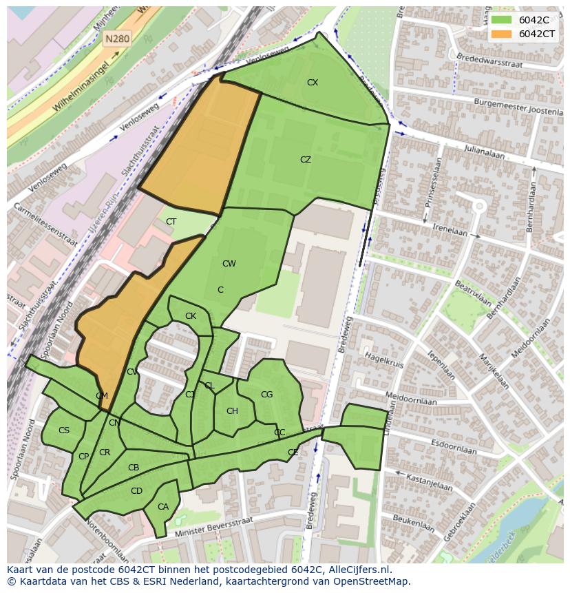 Afbeelding van het postcodegebied 6042 CT op de kaart.