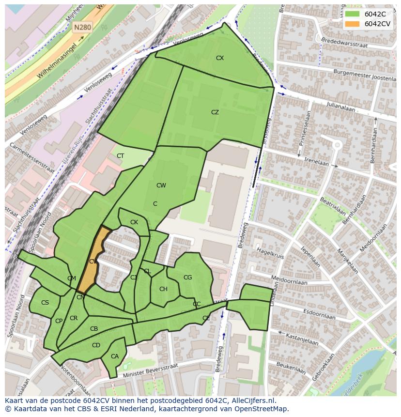 Afbeelding van het postcodegebied 6042 CV op de kaart.