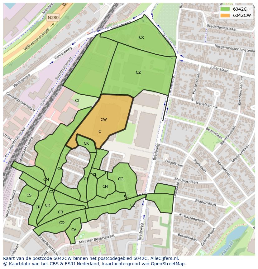 Afbeelding van het postcodegebied 6042 CW op de kaart.
