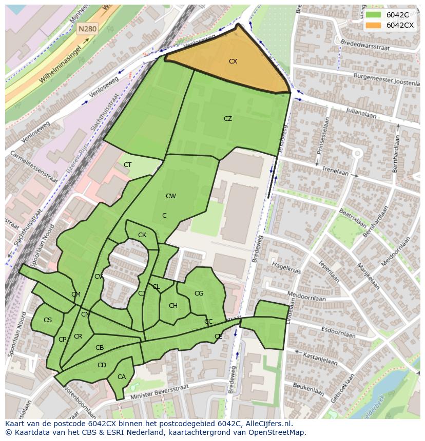 Afbeelding van het postcodegebied 6042 CX op de kaart.