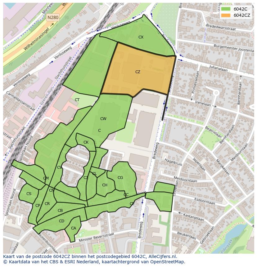 Afbeelding van het postcodegebied 6042 CZ op de kaart.