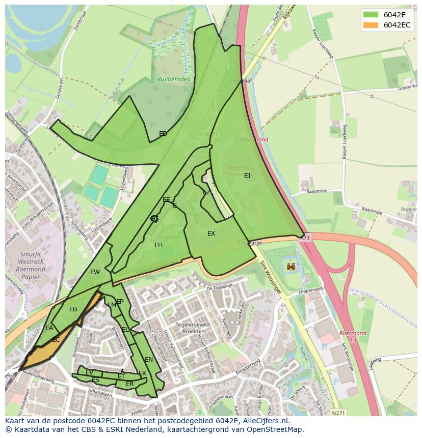 Afbeelding van het postcodegebied 6042 EC op de kaart.