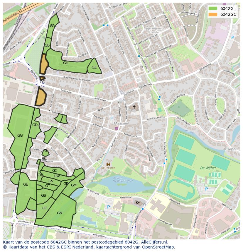 Afbeelding van het postcodegebied 6042 GC op de kaart.