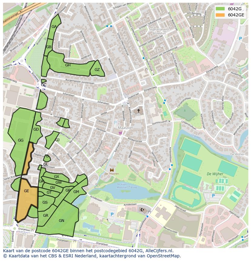 Afbeelding van het postcodegebied 6042 GE op de kaart.