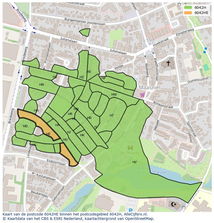Afbeelding van het postcodegebied 6042 HE op de kaart.