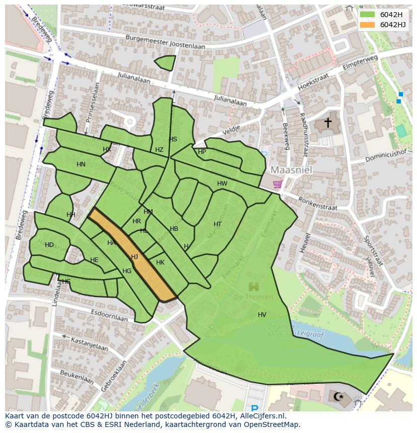 Afbeelding van het postcodegebied 6042 HJ op de kaart.