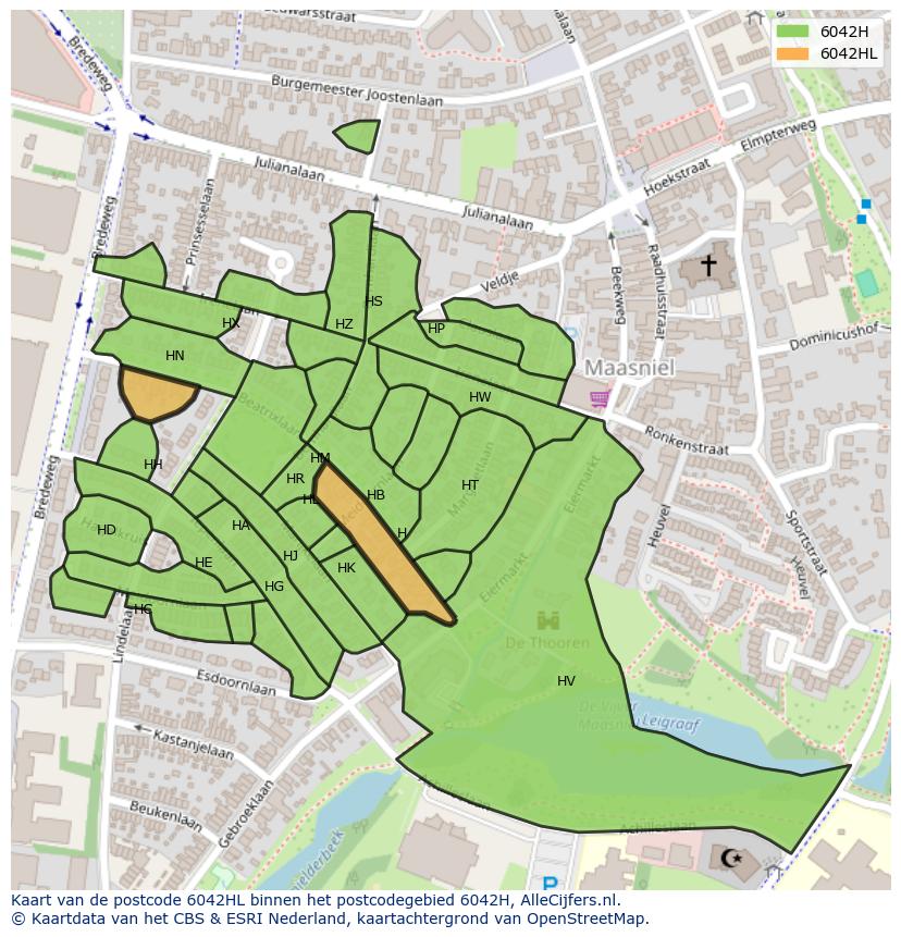 Afbeelding van het postcodegebied 6042 HL op de kaart.