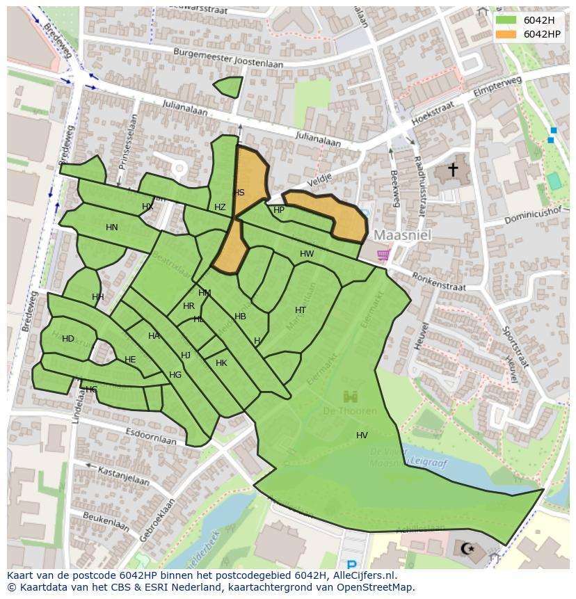 Afbeelding van het postcodegebied 6042 HP op de kaart.